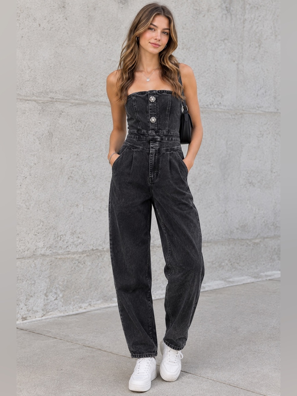 H&M Strapless Bandeau Black Denim Jumpsuit Overalls Women XS